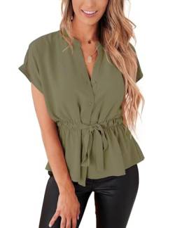 Cuptacc Bluse Damen Elegant Kurzarm Sommerbluse V Ausschnitt Chiffon Bluse Locker Grün, 2XL 48-50 von Cuptacc