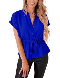 Cuptacc Bluse Damen Elegant Kurzarm Sommerbluse V Ausschnitt Chiffon Bluse Locker Königsblau, 2XL 48-50 von Cuptacc