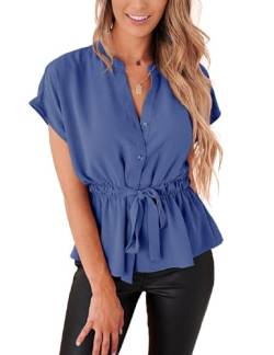 Cuptacc Bluse Damen Kurzarm Chiffon Blusen Mit Knopfleiste Arbeitsbluse Casual Sommer Tshirt Elegant Blau, Groß 42-44 von Cuptacc