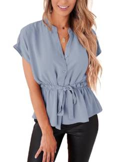 Cuptacc Bluse Damen Kurzarm Chiffon Blusen mit Schößchen Arbeitsbluse Casual Sommerbluse Enge Grau Blau, XL 46-48 von Cuptacc