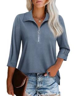 Cuptacc Bluse Damen V-Ausschnitt Business 3/4 Kurz Ärmel Tunika Mode Half Zip Design Langarm Hemd Tops Henley Shirt Herbst Blau Groß XXL 50-52 von Cuptacc