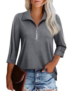 Cuptacc Bluse Damen V-Ausschnitt Business 3/4 Kurz Ärmel Tunika Mode Half Zip Design Langshirt Hemd Tops Henley Shirt Herbst Morandi Gray XL 46-48 von Cuptacc