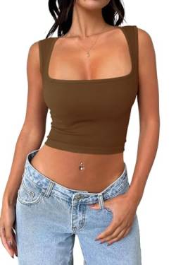 Cuptacc Crop Tops Damen Sommer Fashion Eckigem Ausschnitt Ärmelloses Shirt Elegant Oberteil Y2k Top Kaffee Mittel M 38-40 von Cuptacc