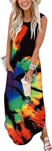Cuptacc Damen Kleider Sommer Maxikleid mit Taschen Tank Kleid Lockere Batik Tankkleid Regenbogen blumenverlauf,XL 46 von Cuptacc