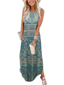 Cuptacc Damen Kleider Sommer Sommerkleid Ärmellos Lang Einfarbiges Strandkleid mit Taschen Boho Paisley Cyan,Groß L 42-44 von Cuptacc