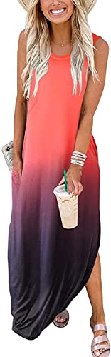 Cuptacc Damen Kleider Sommer Sommerkleid Ärmellos Lang Einfarbiges Strandkleid mit Taschen Orange Schwarz Gradient,Mittel M 38-40 von Cuptacc