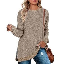 Cuptacc Damen Pullover Rundhalausschnitt Langarm Tunika Oberteile Farbabstimmung Sweatshirt 2023 Khaki Groß L 42-44 von Cuptacc