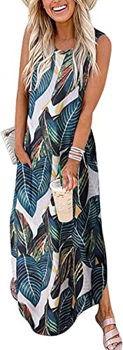 Cuptacc Kleider Damen Festlich Elegant Sommerkleid Ärmellos Lang Strandkleid mit Taschen Tropisches Blatt,XL 46 von Cuptacc