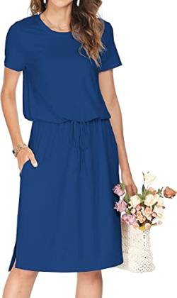 Cuptacc Kleider Damen Sommerkleid Damen Leicht Loose Fit Party Kleid Damen Elegant Rundhalsausschnitt Kurzarm Wedding Guest Dress Groß L 42-44 Navy blau von Cuptacc