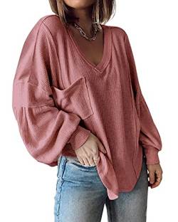 Cuptacc Langarmshirt Damen Pullover V Ausschnitt Sweatshirt Essentials Oberteile Mit Taschen Pink M von Cuptacc