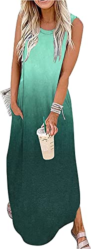 Cuptacc Maxikleid Damen Sommer Sommerkleid Ärmellos Lange Strandkleid Maxikleid mit Taschen Dunkelgrün Verlauf,Mittel M 38-40 von Cuptacc