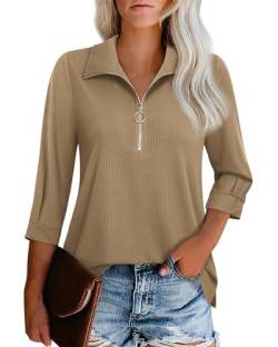 Cuptacc Pullover Damen Frühling Herbst 3/4 Länge Ärmel V-Ausschnitt Shirts Halber Reißverschluss Blusen Poloshirts für Damen Kaffee Groß L 42-44 von Cuptacc