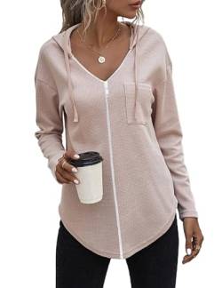 Cuptacc Pullover Damen Kapuzenpullover Oversize Zip Weich Langarmshirt Bluse Tunika Sweatshirt Oberteile Damen Mode Bequem Hoodie Aprikose,XL 46-48 von Cuptacc