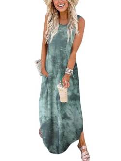 Cuptacc Sommerkleid Damen Lang Ärmellos Strandkleid Damenkleider Casual Maxikleid mit Taschen Tie-Dye Dunkelgrün,XXL 48 von Cuptacc