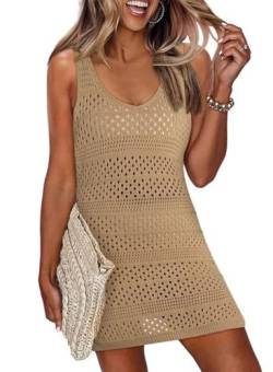 Cuptacc Strandkleid Damen Gestrickte Sommer Ärmellos Beach Sexy Tunika Leichte Atmungsaktiv Bedecken Beige Mittel M 38-40 von Cuptacc