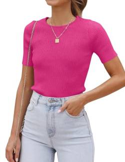 Cuptacc T-Shirt Damen Crew Neck Kurzarm Gestreifte Oberteile Tops Y2k Eleganz Rosa, Groß XL 46-48 von Cuptacc