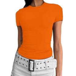 Cuptacc T Shirt Damen Rundhalsausschnitt Eng Kurzarm Sport Shirts für Damen Skims Dupes Top Damen Sommer Tops für Damen Causal Orange Mittel M 38-40 von Cuptacc