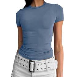 Cuptacc T-Shirts für Damen Skims Rundhalsausschnitt Y2K Tops Slim Fit Grau Blau Short Sleeve Tee Shirt Yk2 Top Shirts Damen Sommer M 38-40 von Cuptacc
