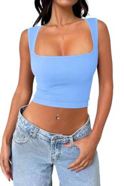 Cuptacc Tank Top Damen Sommer 2024 Baufreie Ärmelloses Aesthetic Sexy Crop Tops Leicht Yoga Square Neck Shirts Blau Klein S 34-36 von Cuptacc