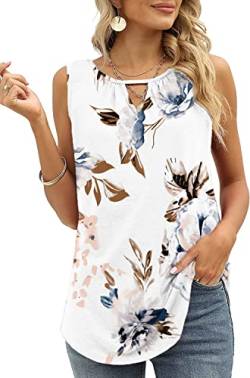 Cuptacc Tank Top Damen Sommer 2024 Trendy Einfarbige Boatneck Ärmellose Sexy Tops Lockere Tunika Shirt Weißes Blumenmuster Klein S 34-36 von Cuptacc