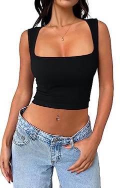 Cuptacc Tank Top Damen Sommer Baufreie Ärmelloses Aesthetic Sexy Crop Tops Leicht Yoga Square Neck Shirts Schwarz Mittel M 38-40 von Cuptacc