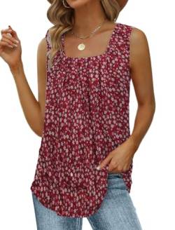 Cuptacc Tank Top Damen Strandwear Falten Loose Fit Damen Tops Sommer Flowy Quadratischer Ausschnitt Ärmellose Tunika Rote Blume Mittel M 38-40 von Cuptacc