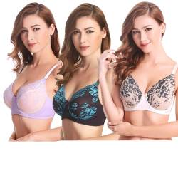 Curve Muse 3er Pack Übergröße Ungefüttert Semi-Sheer Balconette Bügel Spitzen-BH-Lavendel,Grau,Elfenbein-75E von Curve Muse