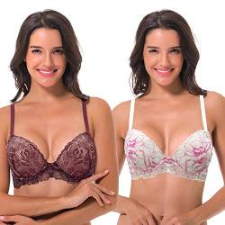 Curve Muse Damen Bügel Übergröße Hochdrücken Fügen Sie 1 und eine halbe Tasse Spitzen-BHs-2er Pack-Limette Sahne/Heiß Rosa,Mauve/Rose Gold-70B von Curve Muse