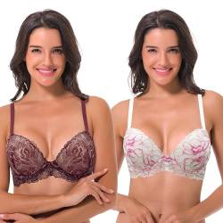 Curve Muse Damen Bügel Übergröße Hochdrücken Fügen Sie 1 und eine halbe Tasse Spitzen-BHs-2er Pack-Limette Sahne/Heiß Rosa,Mauve/Rose Gold-80B von Curve Muse