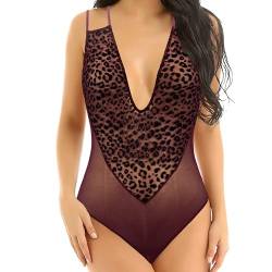 Curve Muse Damen Dessous Spitze Puppe V-Ausschnitt EIN Stück Gittergewebe Bodysuit Nachtwäsche-Wein-L von Curve Muse