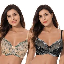 Curve Muse Damen Leicht Gepolstert Bügel Stickerei Spitzen BH-2er Pack-Schwarz,Nackt-75B von Curve Muse