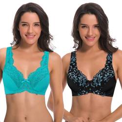 Curve Muse Damen Minimizer Ungefütterter Bügel-BH mit Spitzenstickerei - 2er Pack-Black,Teal-80E von Curve Muse