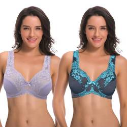 Curve Muse Damen Minimizer Ungefütterter Bügel-BH mit Spitzenstickerei - 2er Pack-Lavendel, Grau-110B von Curve Muse