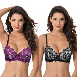 Curve Muse Damen Plus Size Push Up Add 1 Cup Bügel Perfekte Form Spitze BH, Schwarz, Fuchsia (2 Stück), 95B von Curve Muse