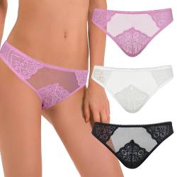 Curve Muse Damen Spitze Bikini Hipster Höschen Unterwäsche-3er Pack-Schawrz,Rosa,Sahne-48/50 von Curve Muse