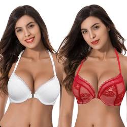 Curve Muse Damen Übergröße 1 Tasse hinzufügen Hochdrücken Bügel Halfter vorne schließen BHs-2er Pack-Rot, Weiß-110B von Curve Muse