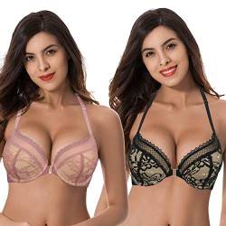 Curve Muse Damen Übergröße 1 Tasse hinzufügen Hochdrücken Bügel Halfter vorne schließen BHs-2er Pack-Schwarz, Roter Zinnober-85F von Curve Muse