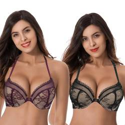 Curve Muse Damen Übergröße 1 Tasse hinzufügen Hochdrücken Bügel Halfter vorne schließen BHs-2er Pack-Schwarz,Wein-75C von Curve Muse