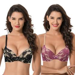 Curve Muse Damen Übergröße Hochdrücken 1 Tasse hinzufügen Bügel Perfekte Form Spitzen-BHs-2er Pack-Rose,Schwarz-100F von Curve Muse