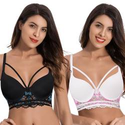 Curve Muse Damen Übergröße Leicht gepolstert Bügel Langer Spitzen-BH-2PK-Creme/Fuchsia,Schwarz/Blau-105B von Curve Muse