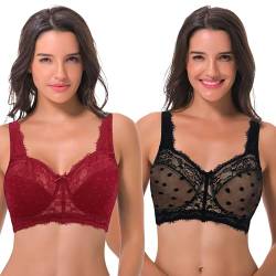 Curve Muse Damen Übergröße Minimierer Spitze Vollständige Abdeckung Ungefütterter Kabellos-BH-Rot,Schwarz-85F von Curve Muse