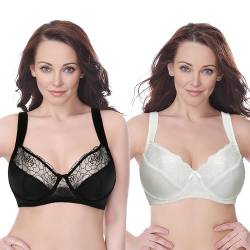 Curve Muse Damen Übergröße Minimizer Bügel-BH mit Stickspitze - 2er Pack-Schwarz, Buttermilch-95C von Curve Muse