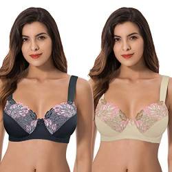 Curve Muse Damen Übergröße Minimizer Bügel Ungefütterte BHS mit Stickspitze - 2er Pack-Nude, Schwarz-100F von Curve Muse