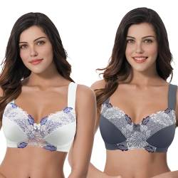 Curve Muse Damen Übergröße Minimizer Kabellos Ungefütterter BH mit Stickspitze - 2er Pack-Buttermilch, Grau-80F von Curve Muse