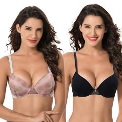 Curve Muse Damen Übergröße Perfekt Gestalten 1 Tasse Push Up hinzufügen Bügel-BHs-2er Pack-Creme/Heisses Rosa,Schwarz-85E von Curve Muse