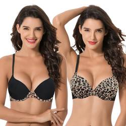 Curve Muse Damen Übergröße Perfekt Gestalten 1 Tasse Push Up hinzufügen Bügel-BHs-2er Pack-Schwarz, Leopardenmuster-110F von Curve Muse