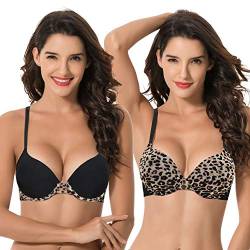 Curve Muse Damen Übergröße Perfekt Gestalten 1 Tasse Push Up hinzufügen Bügel-BHs-2er Pack-Schwarz, Leopardenmuster-80E von Curve Muse