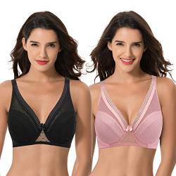 Curve Muse Damen Übergröße Ungefütterter Minimierer Vollständige Abdeckung Gittergewebe Bügel-BH-2er Pack-Schwarz, Rosa-90C von Curve Muse