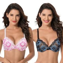 Curve Muse Damen Übergröße Vollständige Abdeckung Leicht gepolstert Bügel Spitzen BH-2PK-Schwarz/Blau,Creme/Fuchsia-85C von Curve Muse