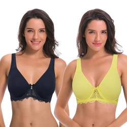 Curve Muse Damen Ungefüttert Bügel Spitze BH mit Gepolstert Schulter Gurte - 2er Pack-Marine, Hellgelb-95B-V2 von Curve Muse